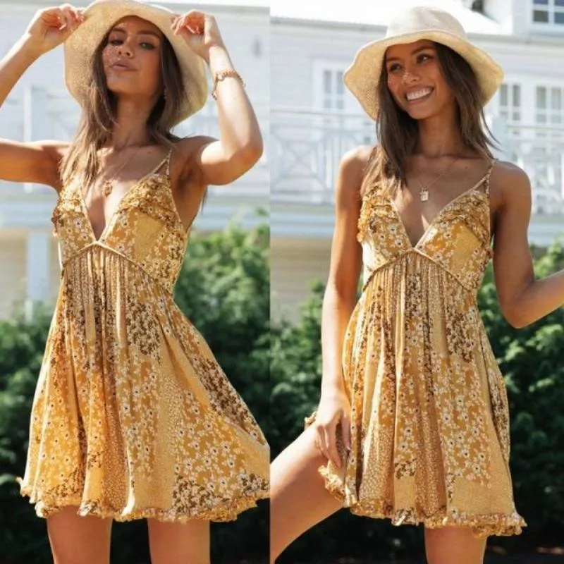 Boho Dress - Deep V Neck Sleeveless Mini