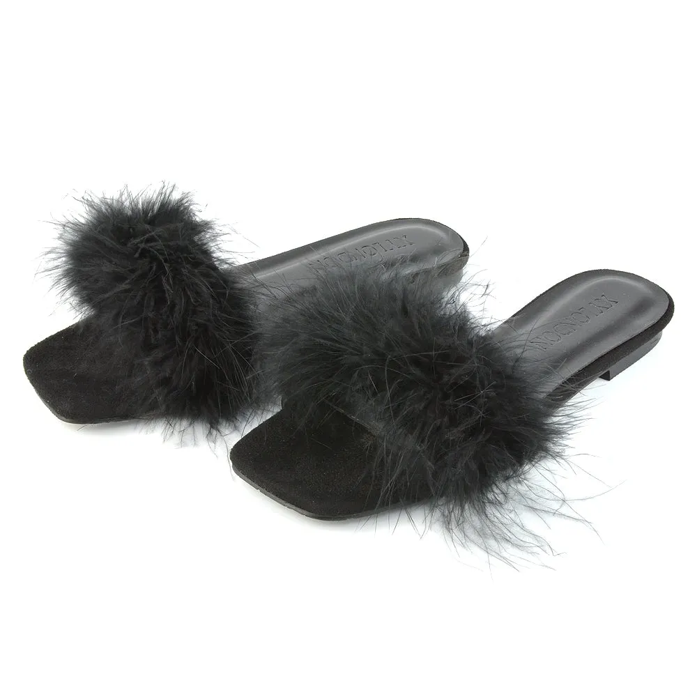 BROOKLYN FLAT FAUX FUR FLUFFY STRAPPY SLIP ON SQUARE TOE SANDAL SLIDERS IN PINK