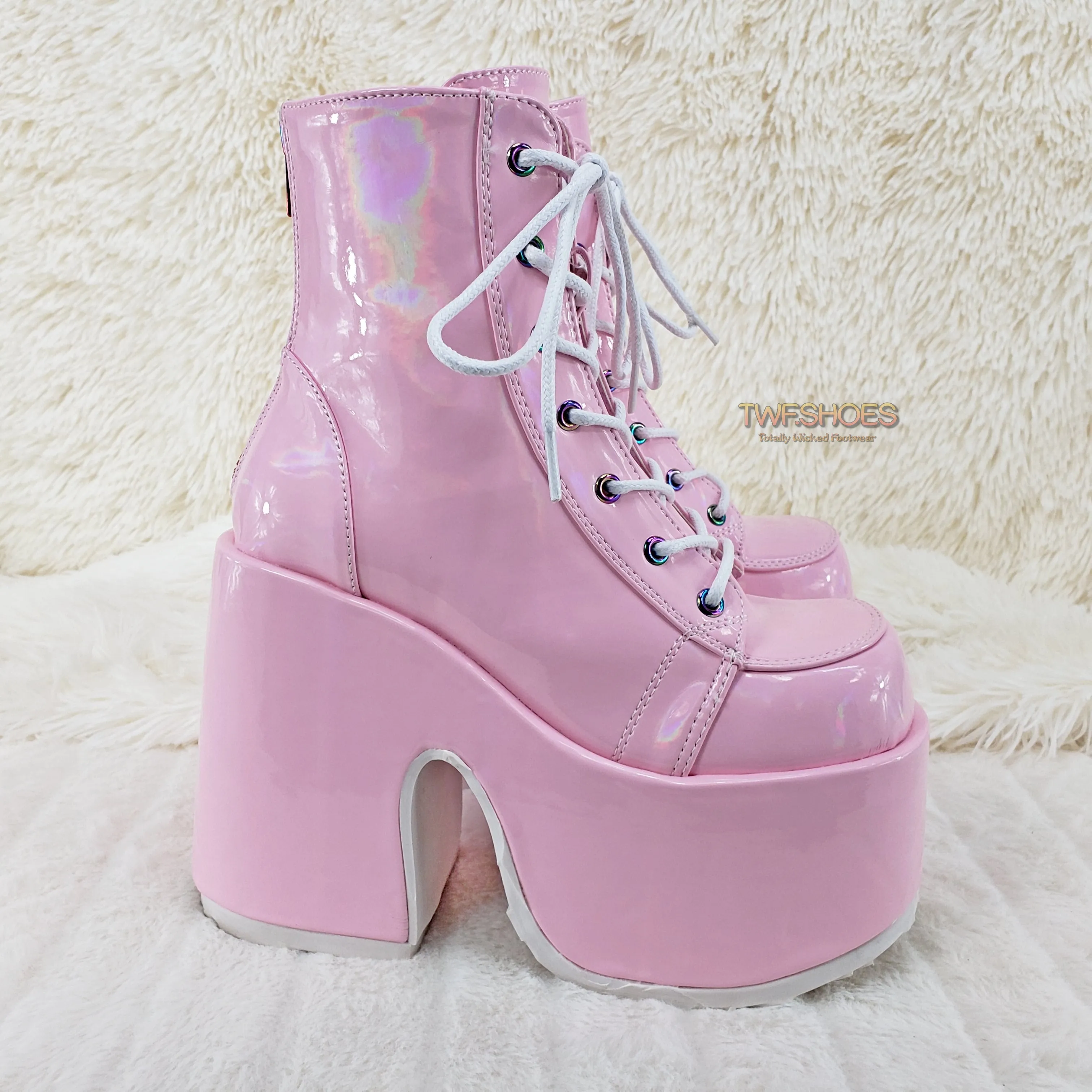 Camel 203 Pink Hologram Lace Up Goth Platform Ankle Boot  - Demonia Direct