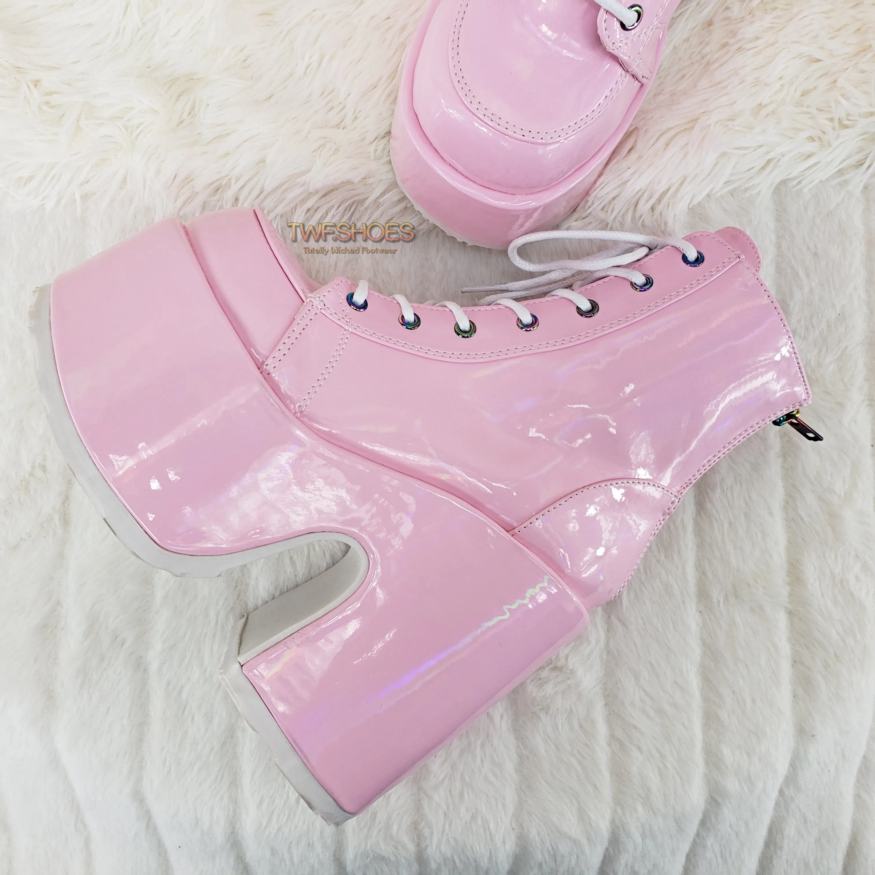 Camel 203 Pink Hologram Lace Up Goth Platform Ankle Boot  - Demonia Direct