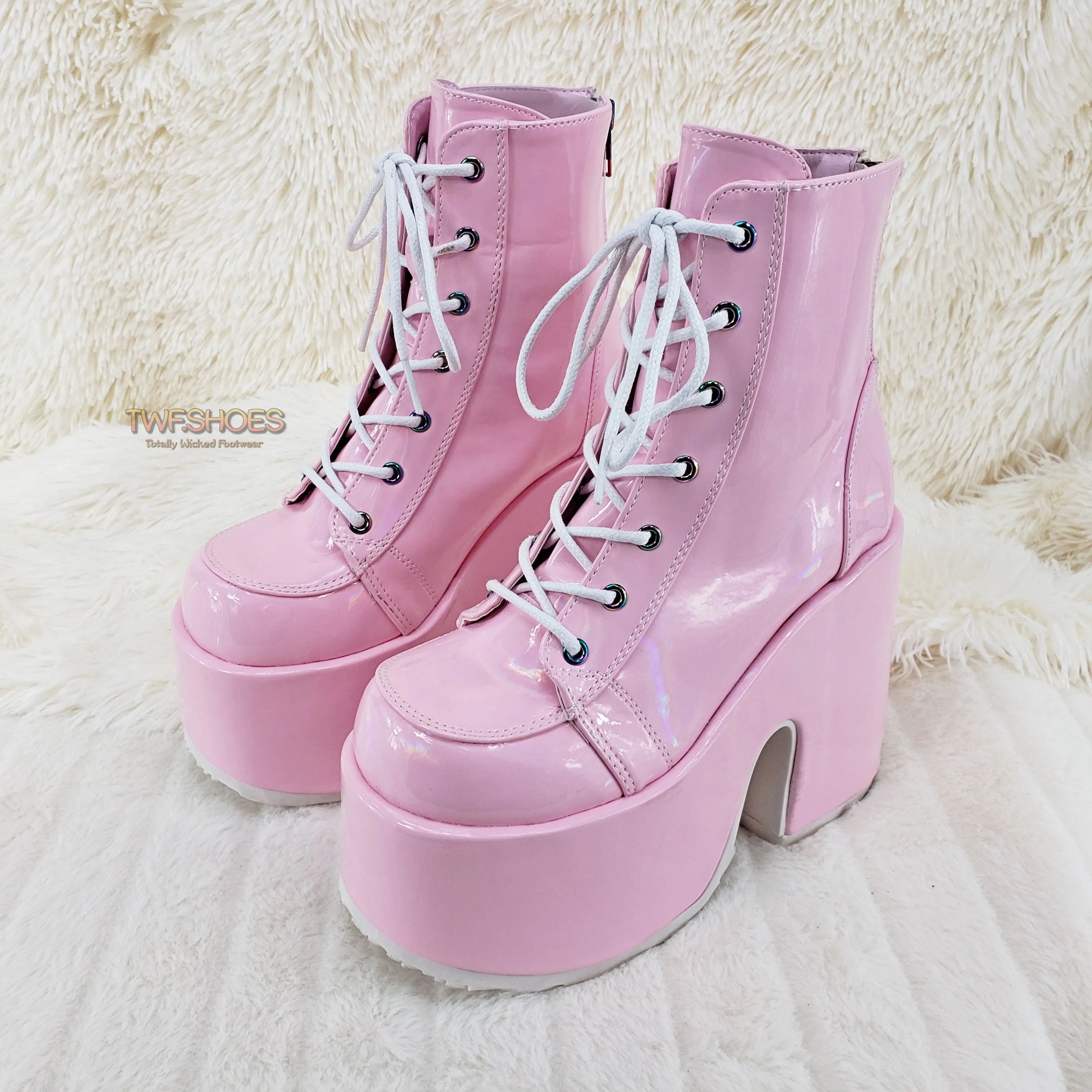 Camel 203 Pink Hologram Lace Up Goth Platform Ankle Boot  - Demonia Direct