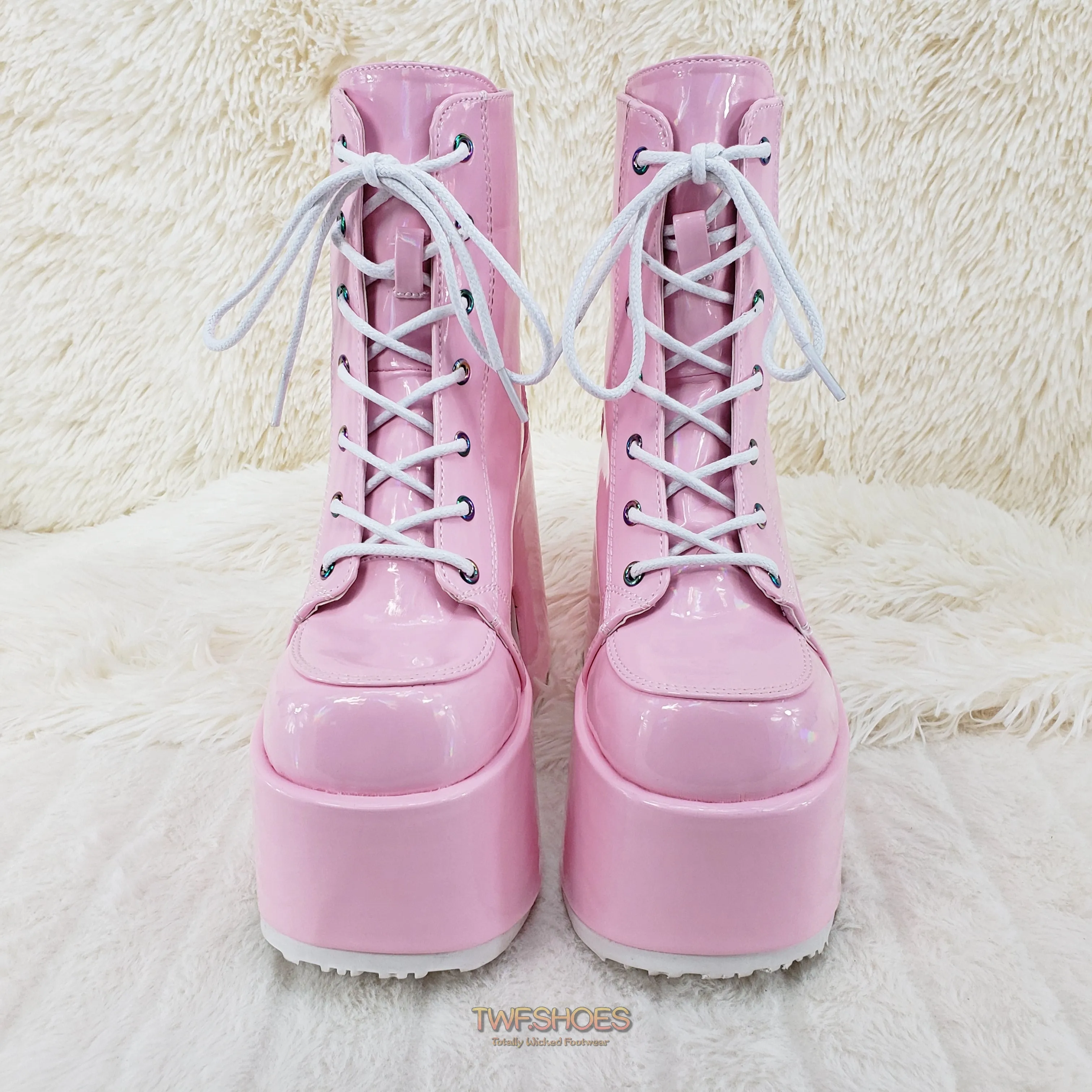 Camel 203 Pink Hologram Lace Up Goth Platform Ankle Boot  - Demonia Direct