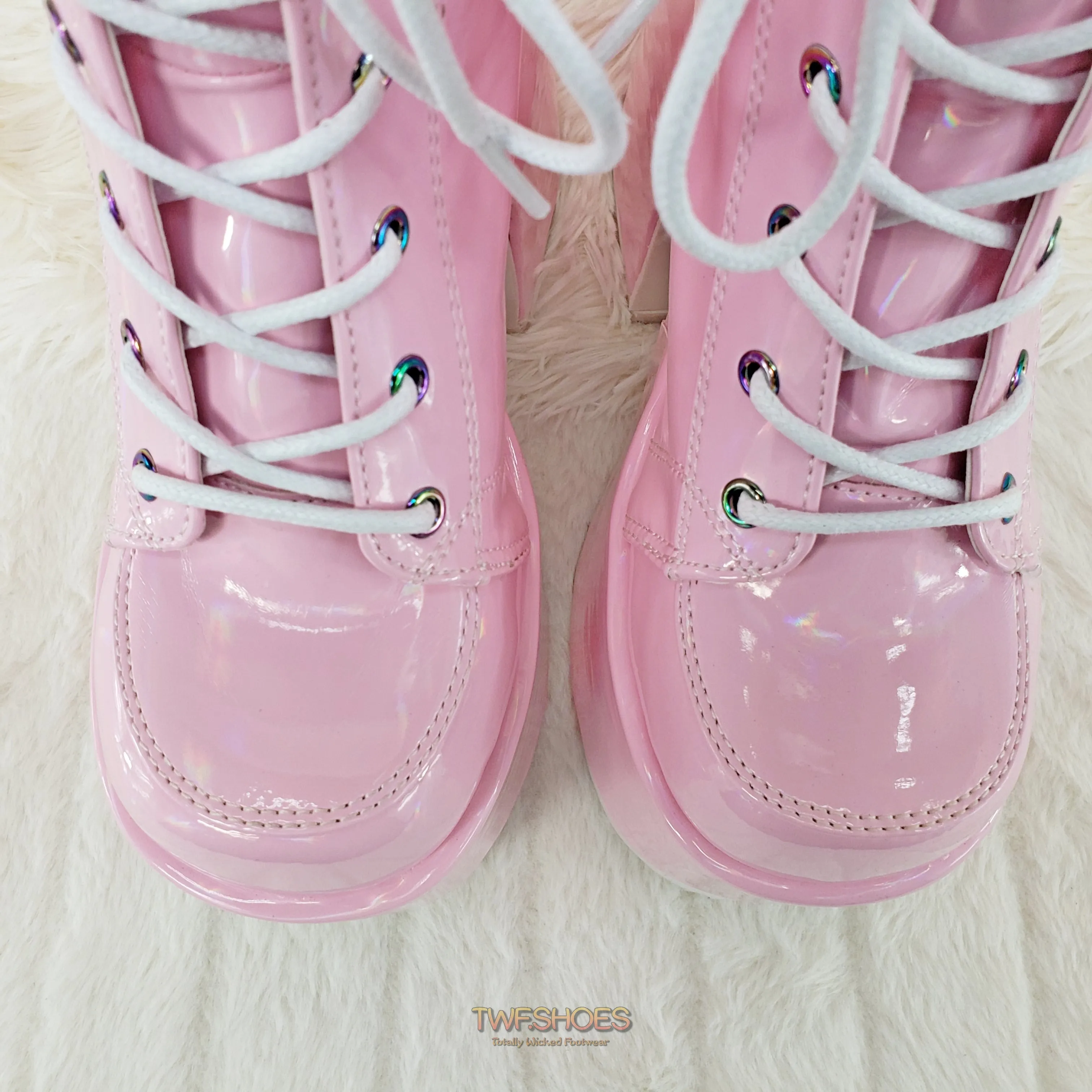 Camel 203 Pink Hologram Lace Up Goth Platform Ankle Boot  - Demonia Direct