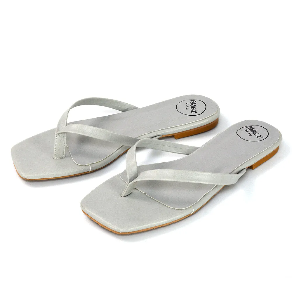 CODY FLAT SLIP ON SQUARE TOE THONG FLIP FLOP SANDAL SLIDES IN STONE SYNTHETIC LEATHER