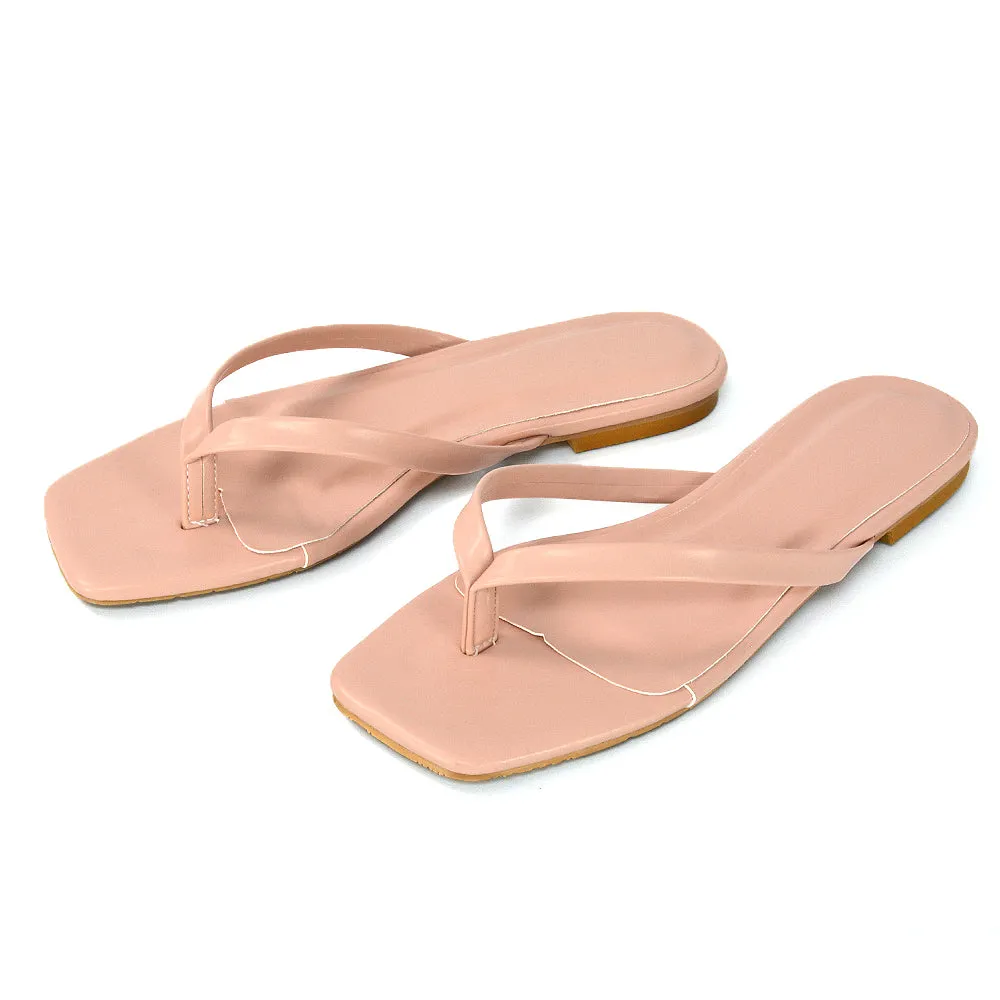 CODY FLAT SLIP ON SQUARE TOE THONG FLIP FLOP SANDAL SLIDES IN STONE SYNTHETIC LEATHER