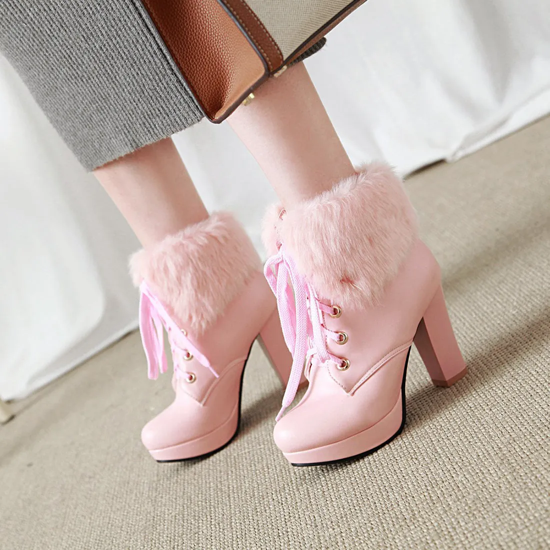 Fluffy Lace-up High Heel Boots
