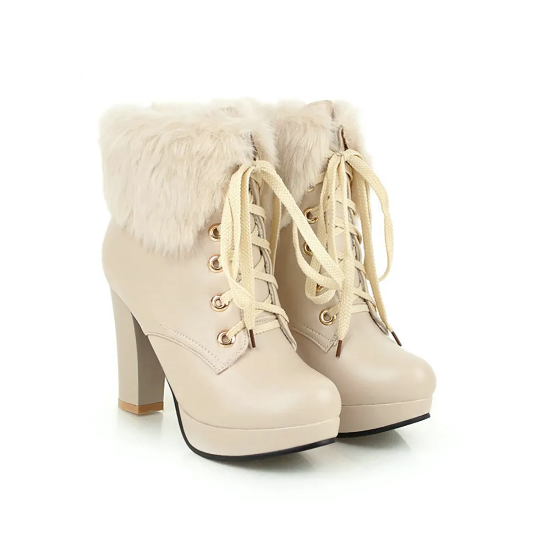 Fluffy Lace-up High Heel Boots