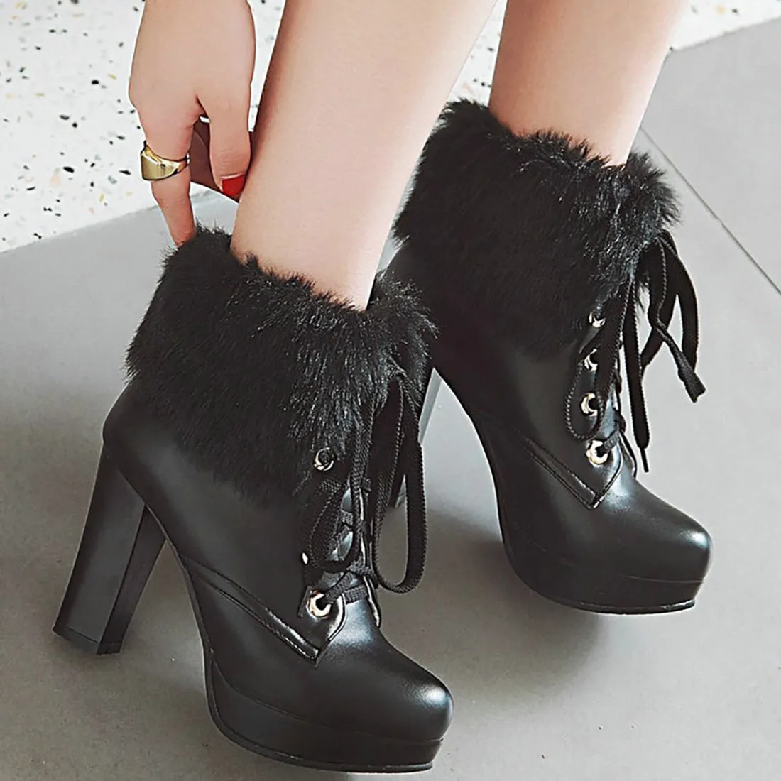 Fluffy Lace-up High Heel Boots
