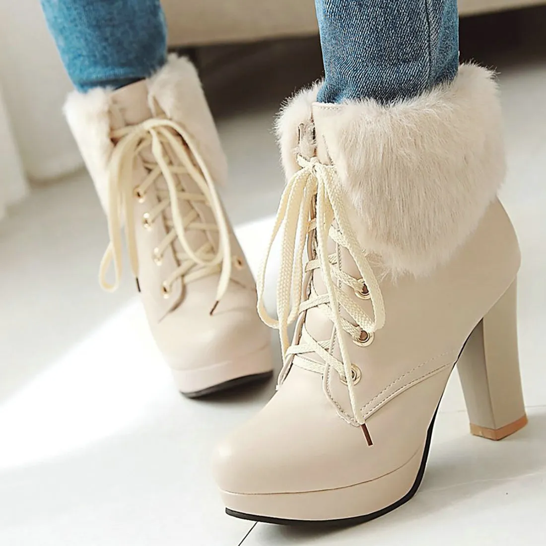 Fluffy Lace-up High Heel Boots