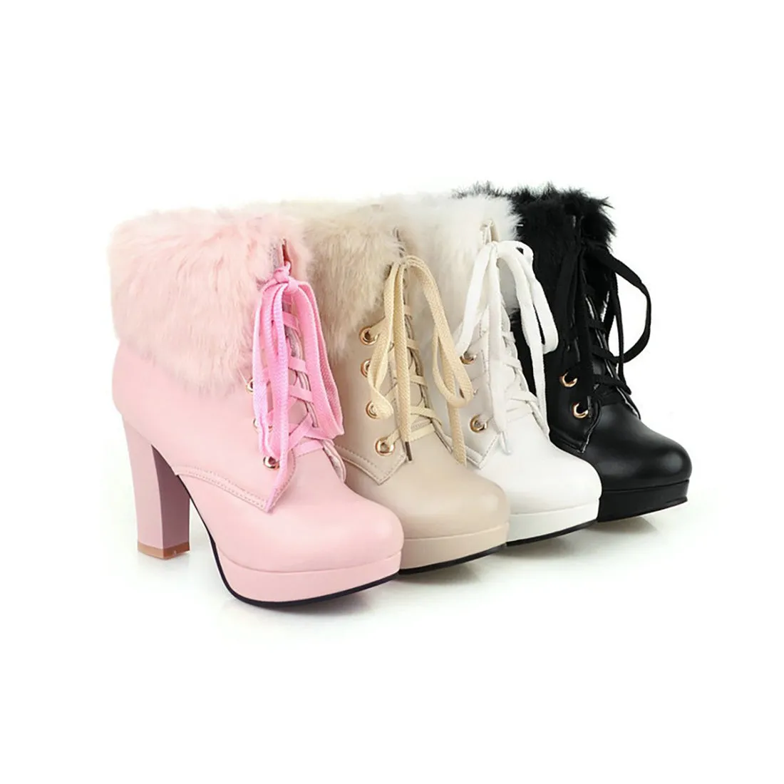 Fluffy Lace-up High Heel Boots