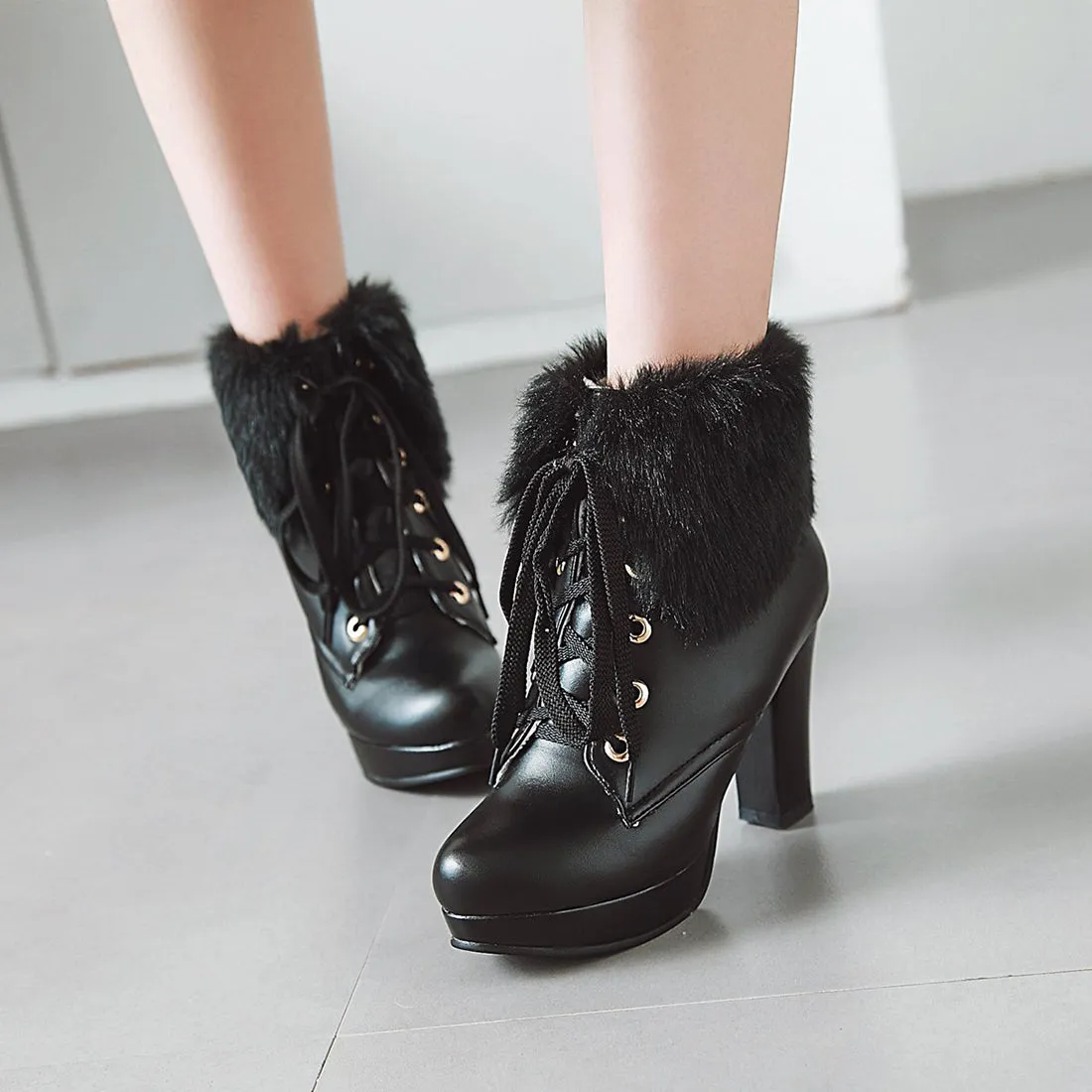 Fluffy Lace-up High Heel Boots