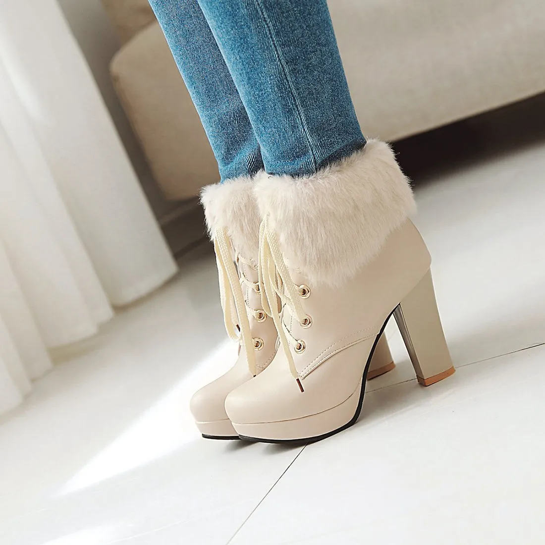 Fluffy Lace-up High Heel Boots