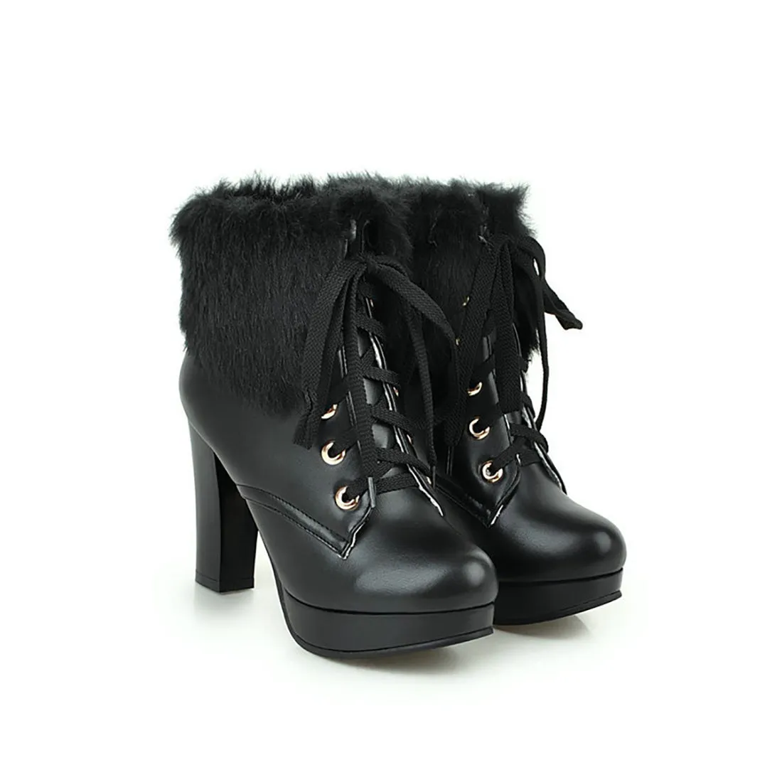 Fluffy Lace-up High Heel Boots