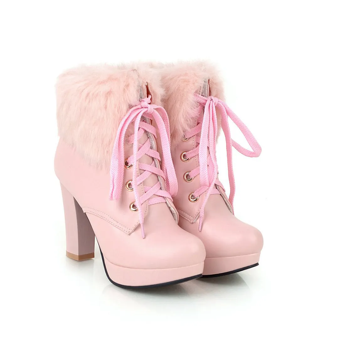 Fluffy Lace-up High Heel Boots