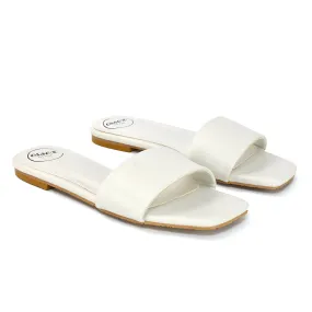Kenna Flat Mule Strappy Square Toe Sandal Sliders in White Synthetic Leather