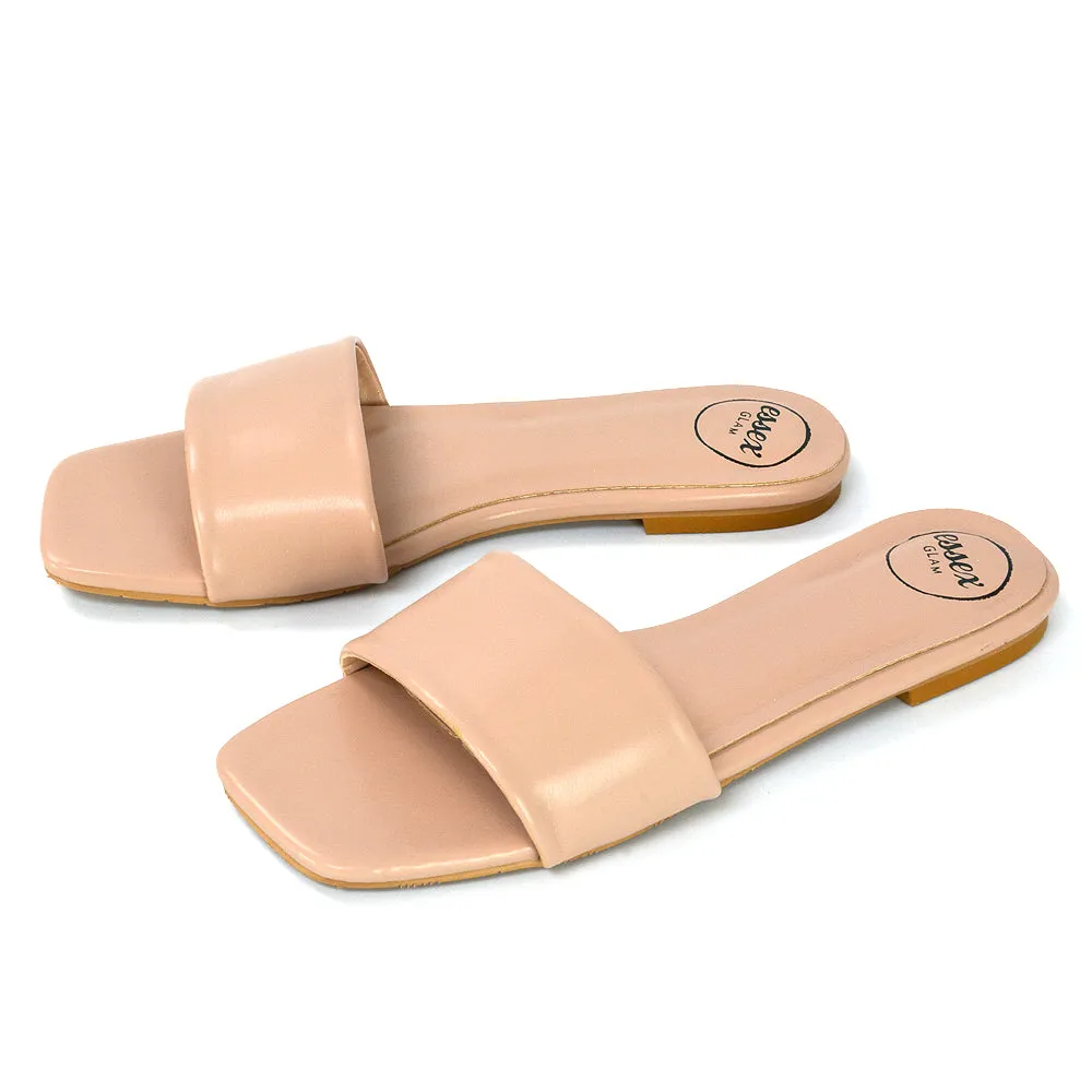 Kenna Flat Mule Strappy Square Toe Sandal Sliders in White Synthetic Leather