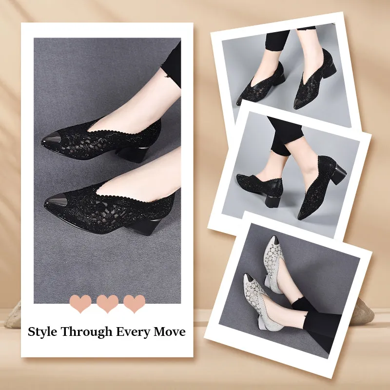 🏆Limited Time Offe🏆Hollow Mesh Sandals with Rhinestone and Chunky Heel