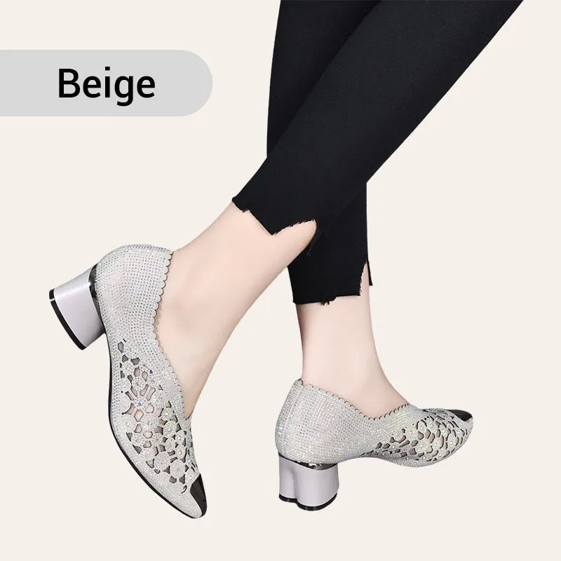 🏆Limited Time Offe🏆Hollow Mesh Sandals with Rhinestone and Chunky Heel