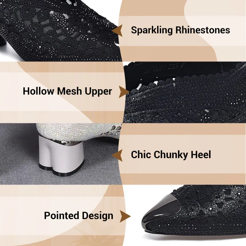 🏆Limited Time Offe🏆Hollow Mesh Sandals with Rhinestone and Chunky Heel