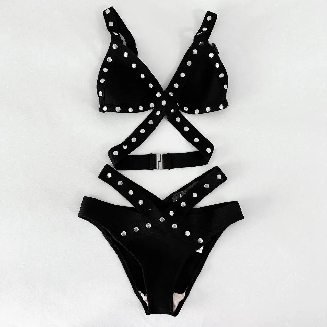 Luxe Lane Black Silver Studded Cutout Two Piece Bathing Suit Swimsuit Size XS