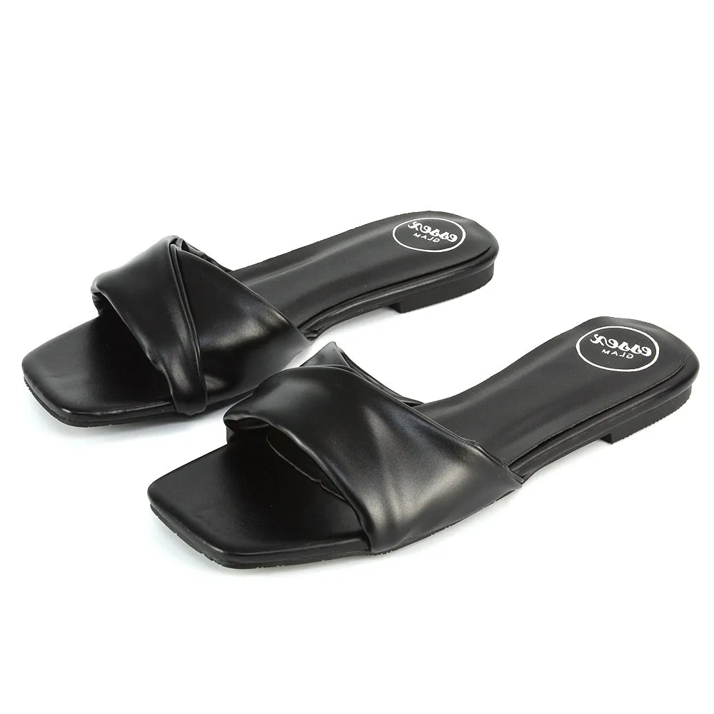 Pippa Twisted Strap Square Toe Flat Sandal Sliders in Nude Synthetic Leather