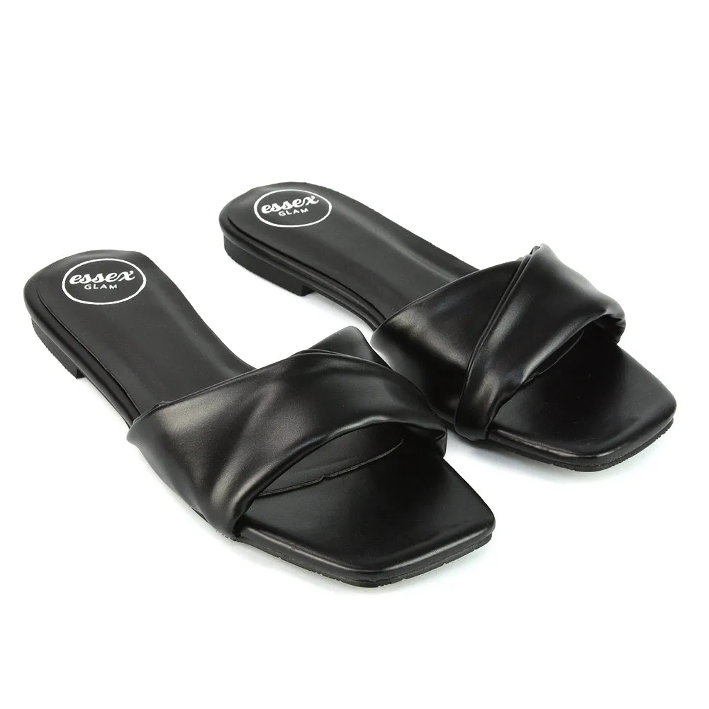 Pippa Twisted Strap Square Toe Flat Sandal Sliders in Nude Synthetic Leather
