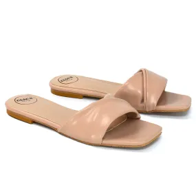Pippa Twisted Strap Square Toe Flat Sandal Sliders in Nude Synthetic Leather