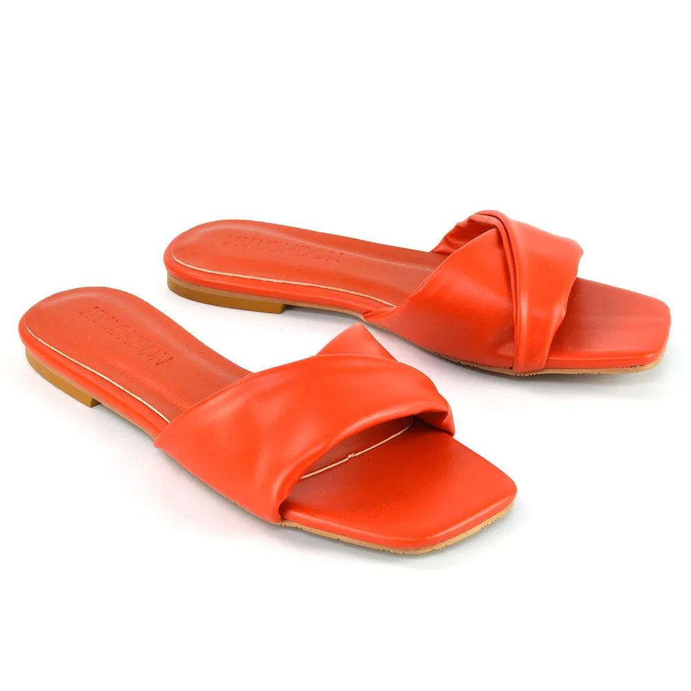 Pippa Twisted Strap Square Toe Flat Sandal Sliders in Nude Synthetic Leather