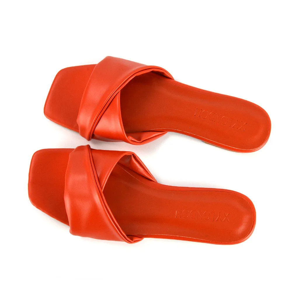 Pippa Twisted Strap Square Toe Flat Sandal Sliders in Nude Synthetic Leather