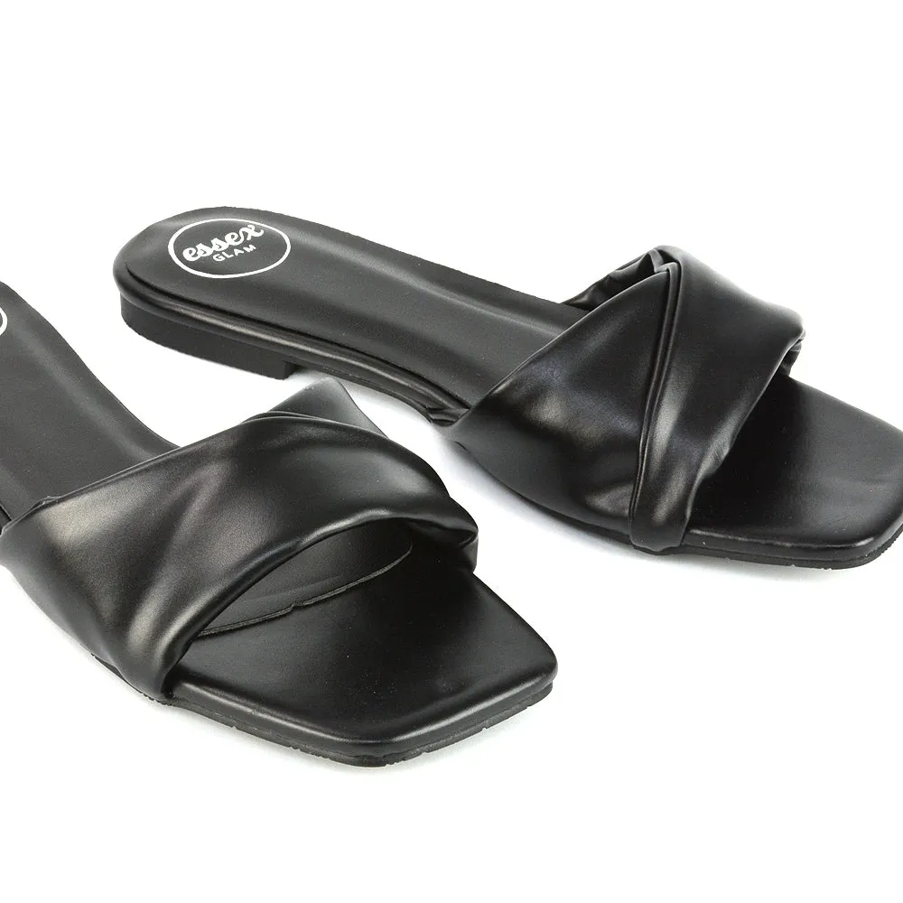 Pippa Twisted Strap Square Toe Flat Sandal Sliders in Nude Synthetic Leather