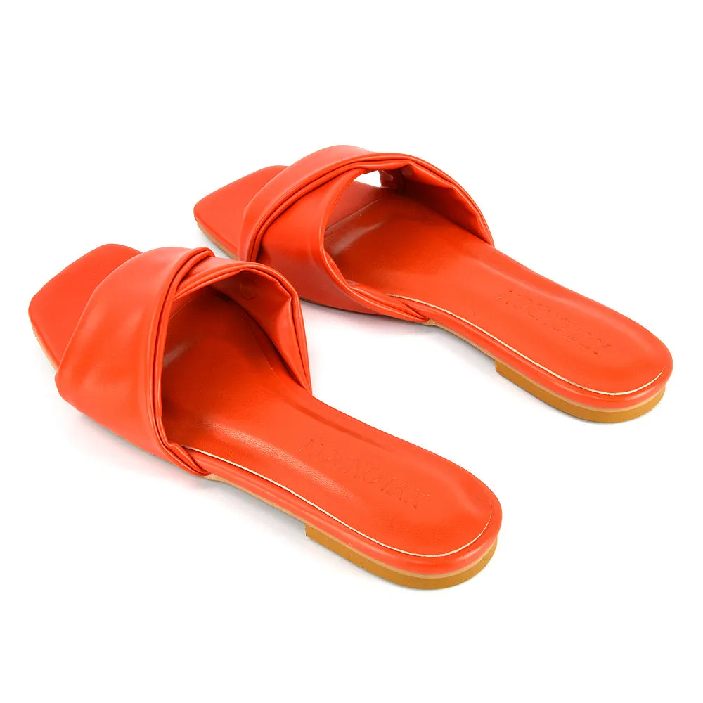 Pippa Twisted Strap Square Toe Flat Sandal Sliders in Nude Synthetic Leather