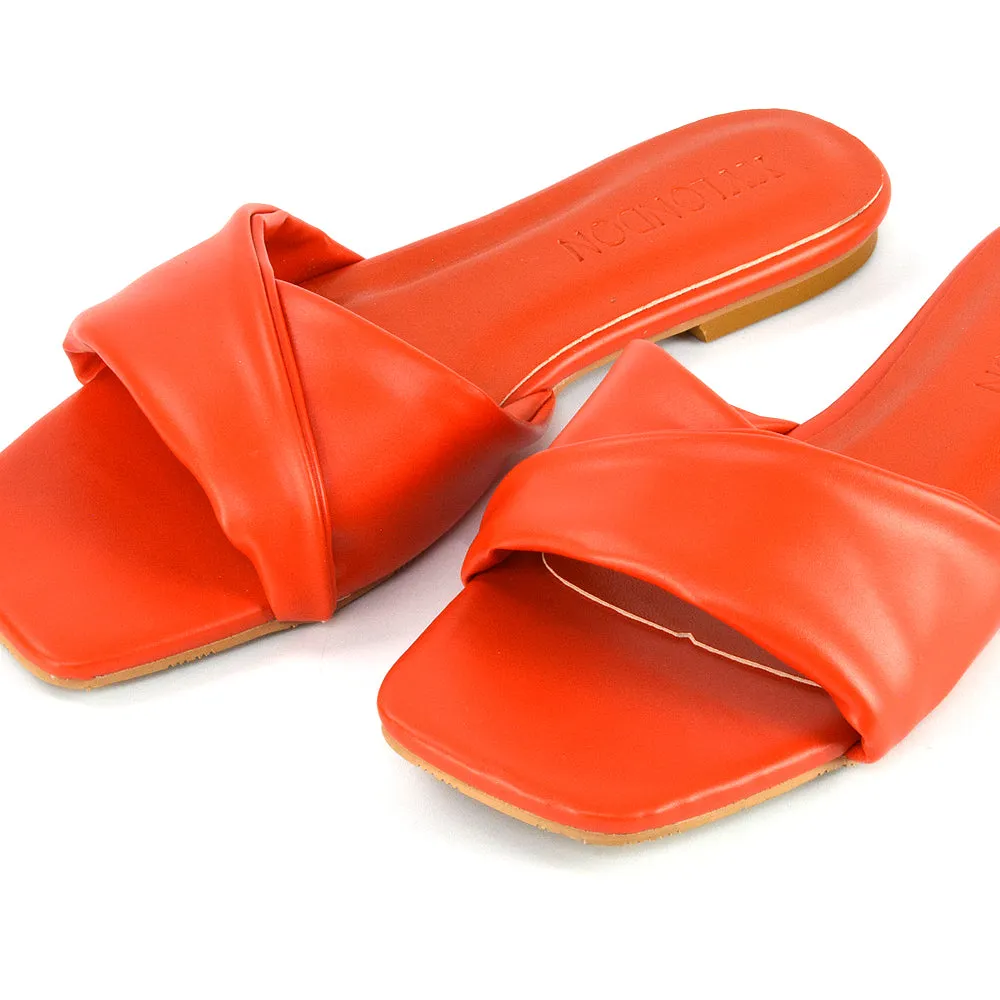 Pippa Twisted Strap Square Toe Flat Sandal Sliders in Nude Synthetic Leather