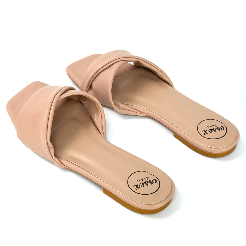 Pippa Twisted Strap Square Toe Flat Sandal Sliders in Nude Synthetic Leather
