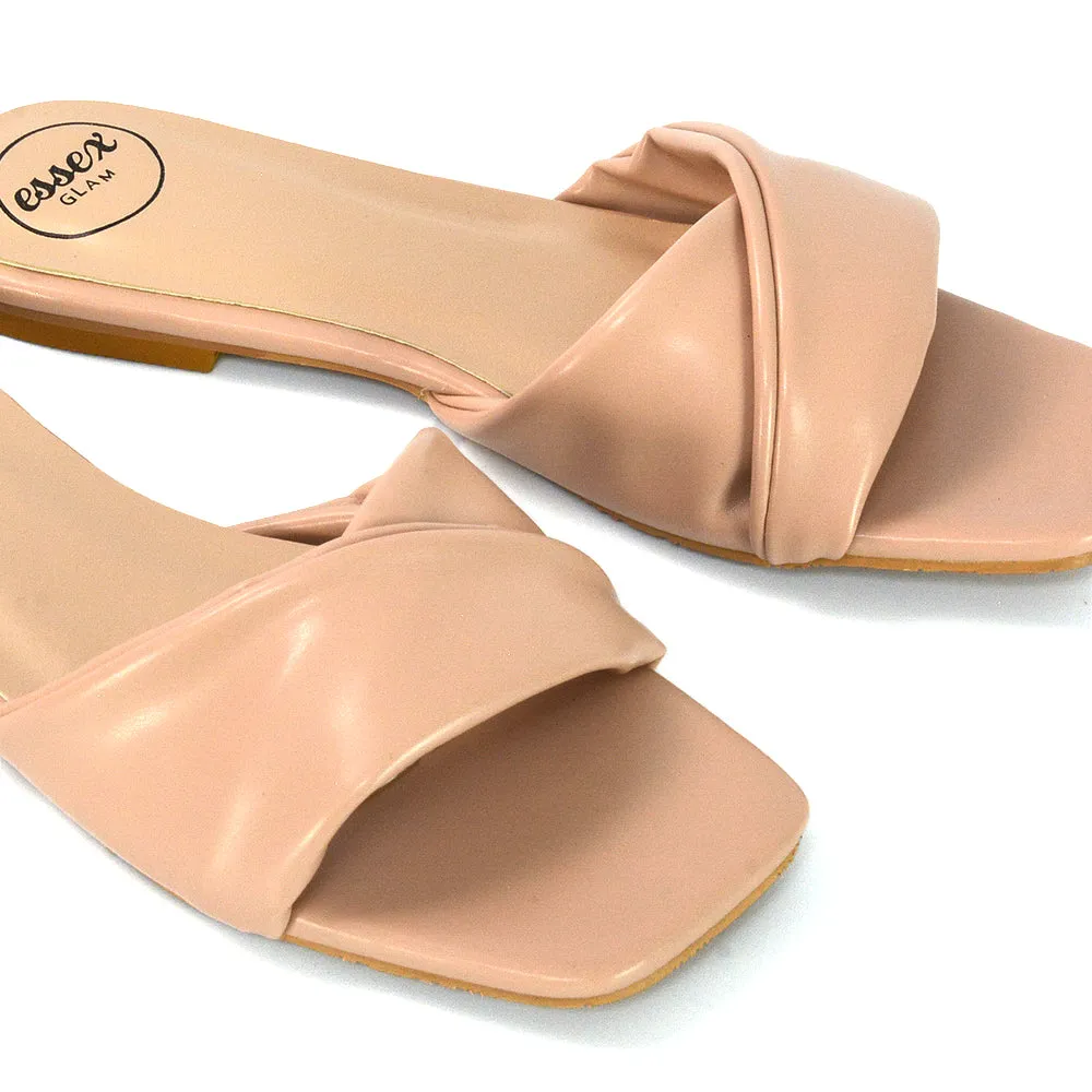 Pippa Twisted Strap Square Toe Flat Sandal Sliders in Nude Synthetic Leather