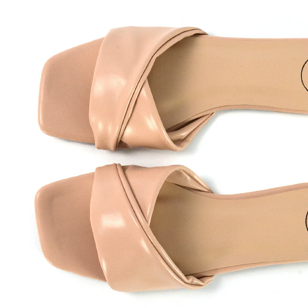 Pippa Twisted Strap Square Toe Flat Sandal Sliders in Nude Synthetic Leather