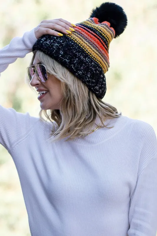 Pom Pom Faux Fur Lined Striped Beanie in Multicolor