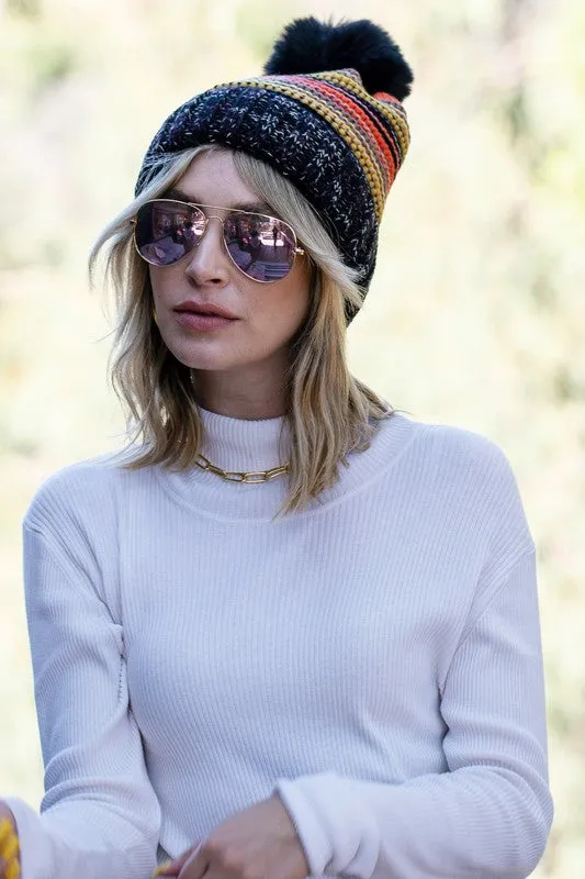 Pom Pom Faux Fur Lined Striped Beanie in Multicolor