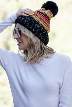 Pom Pom Faux Fur Lined Striped Beanie in Multicolor