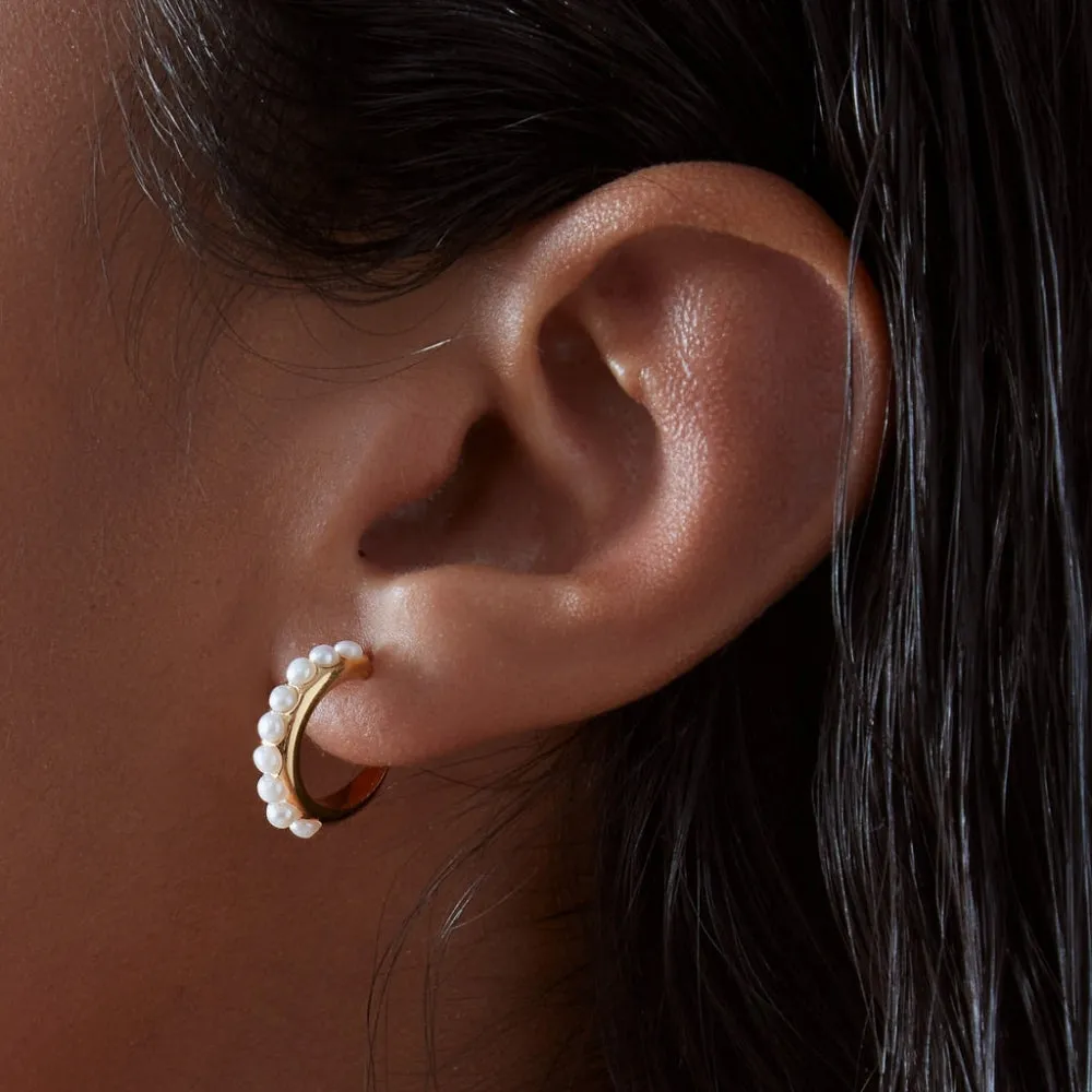 Studded Pearl Hoop Earrings - Gold - PLE01GP